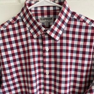 Express fitted maroon and white large checkered dress shirt.